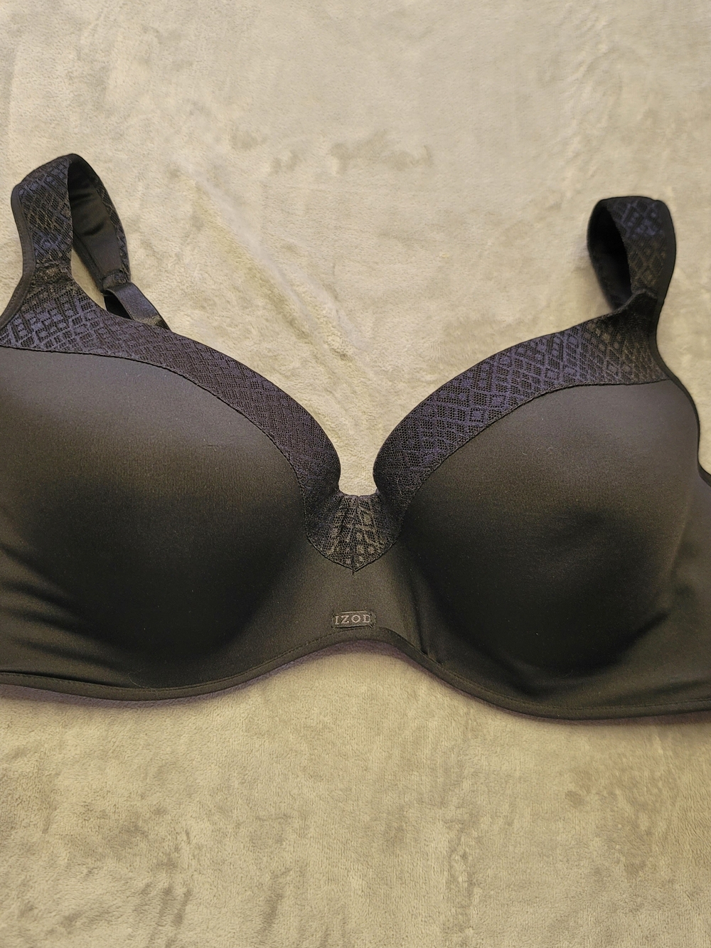 IZOD Women's Black Underwire Balconette Bra 42DD Geometric Lace Trim Full Cover